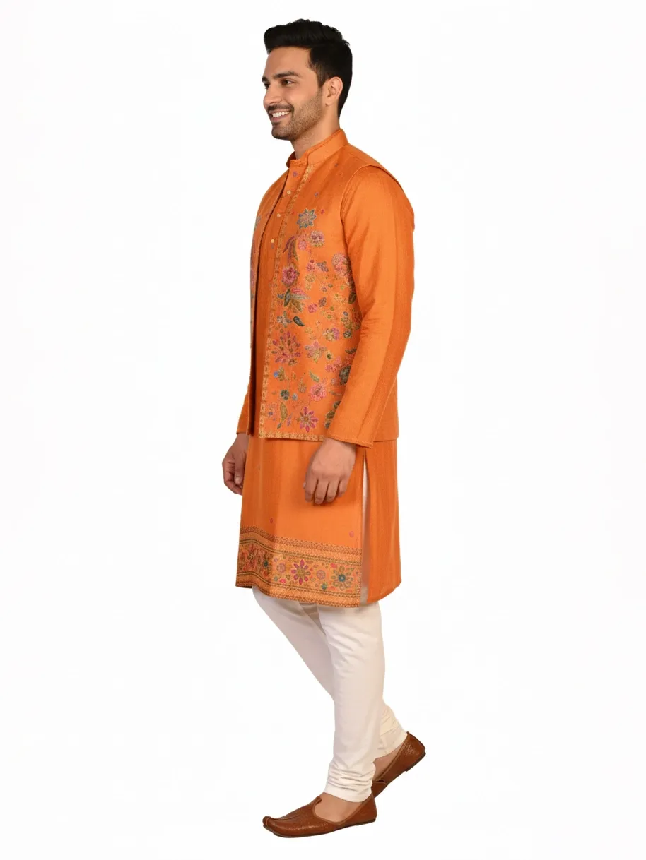 Orange Silk Blend Embroidered Men's Kurta | Wedding & Festive Wear