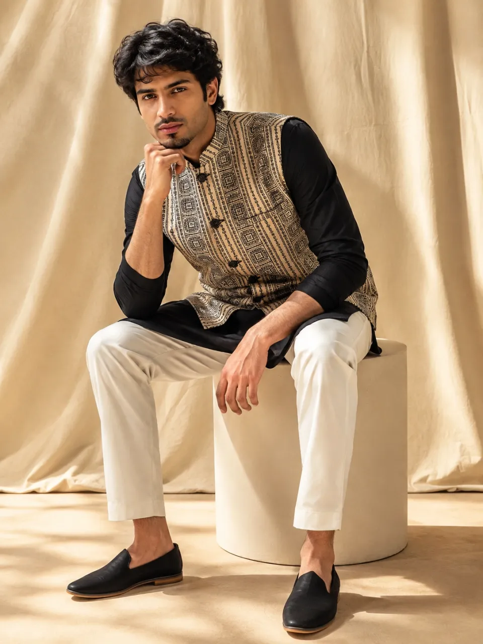 Beige Geometric Embroidered Nehru Jacket with Black Kurta Set