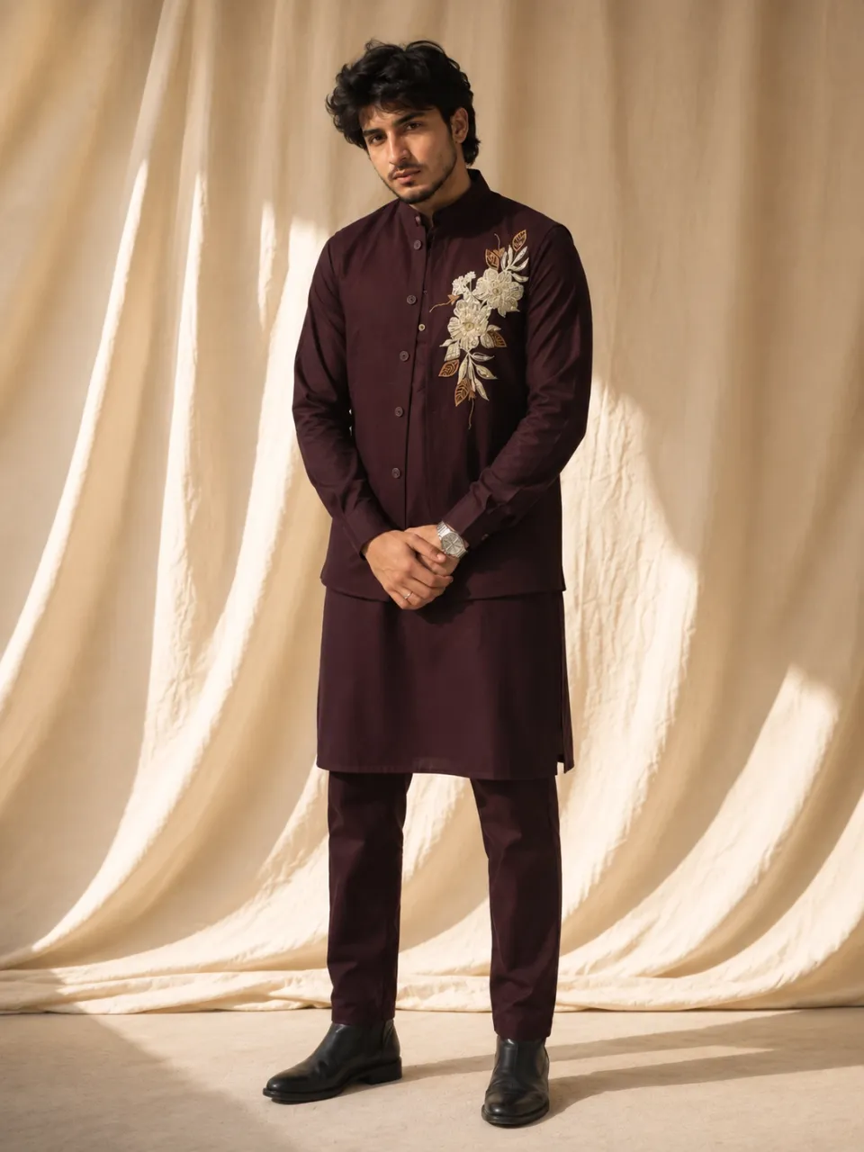KurtaIvory Gold Embroidered Nehru Jacket Kurta Set
