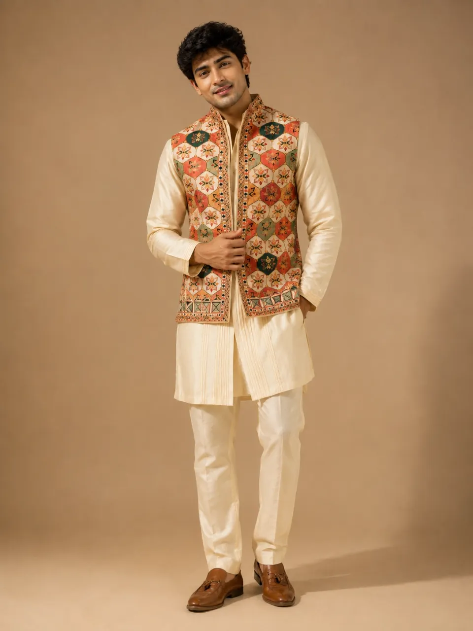 Cream Silk Pintuck Kurta Set with Geometric Printed Nehru Jacket