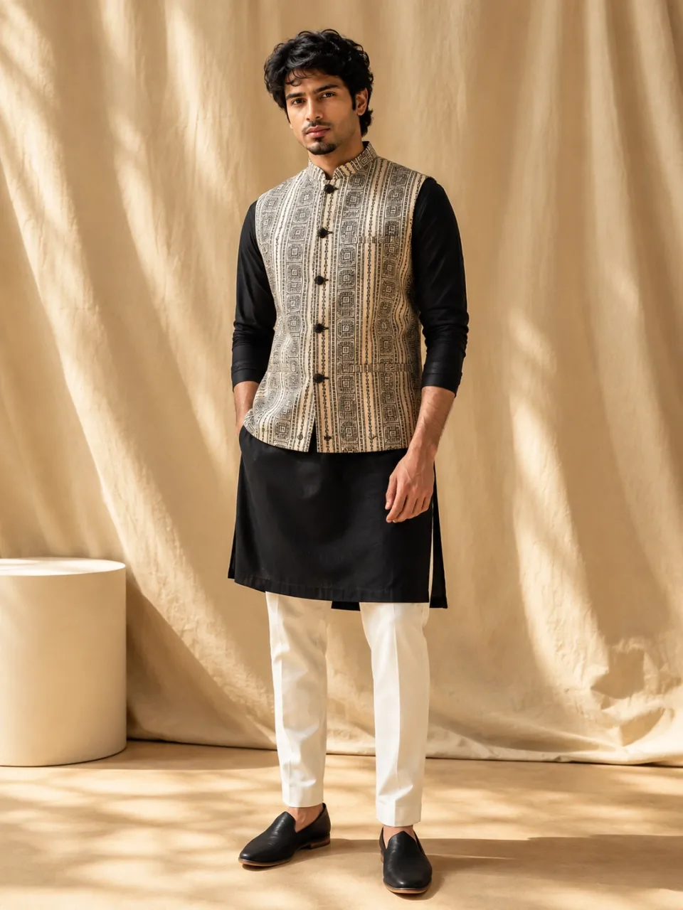 Beige Geometric Embroidered Nehru Jacket with Black Kurta Set