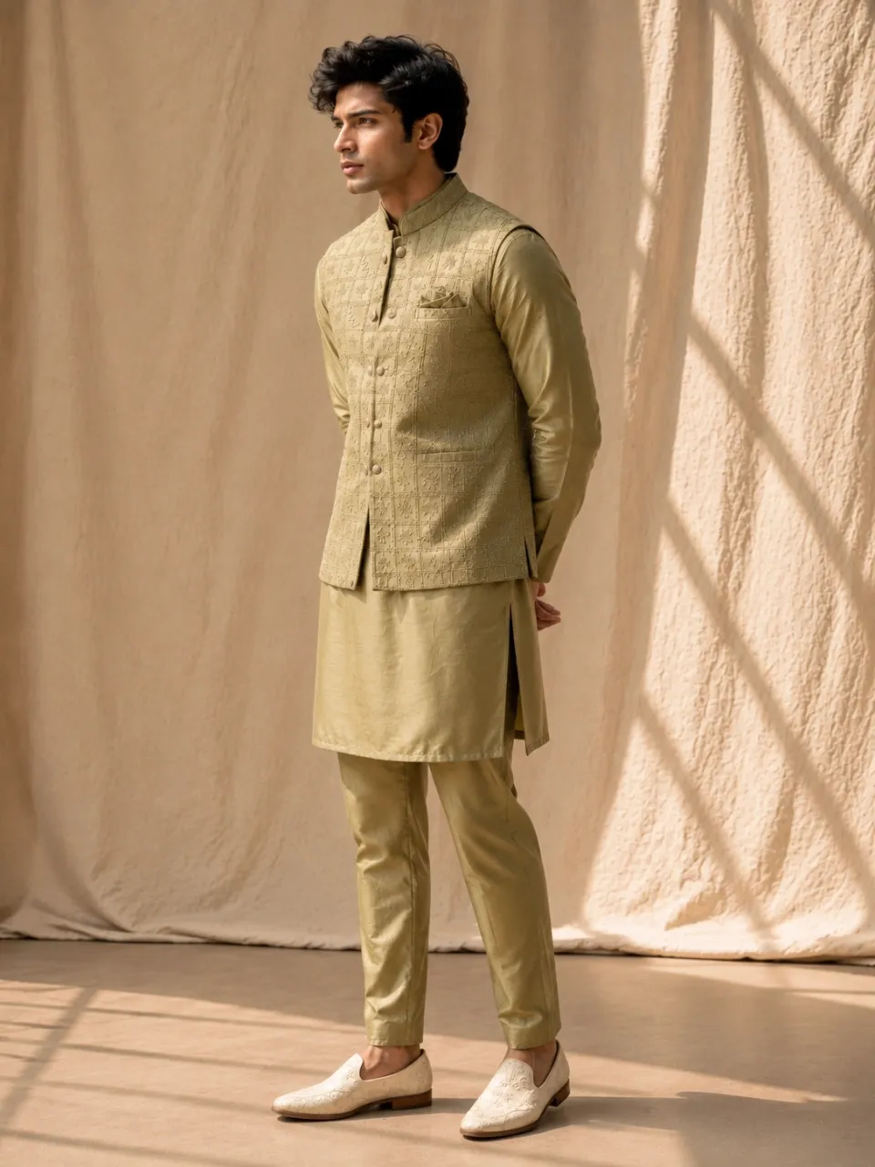 Ivory Gold Embroidered Nehru Jacket Kurta Set