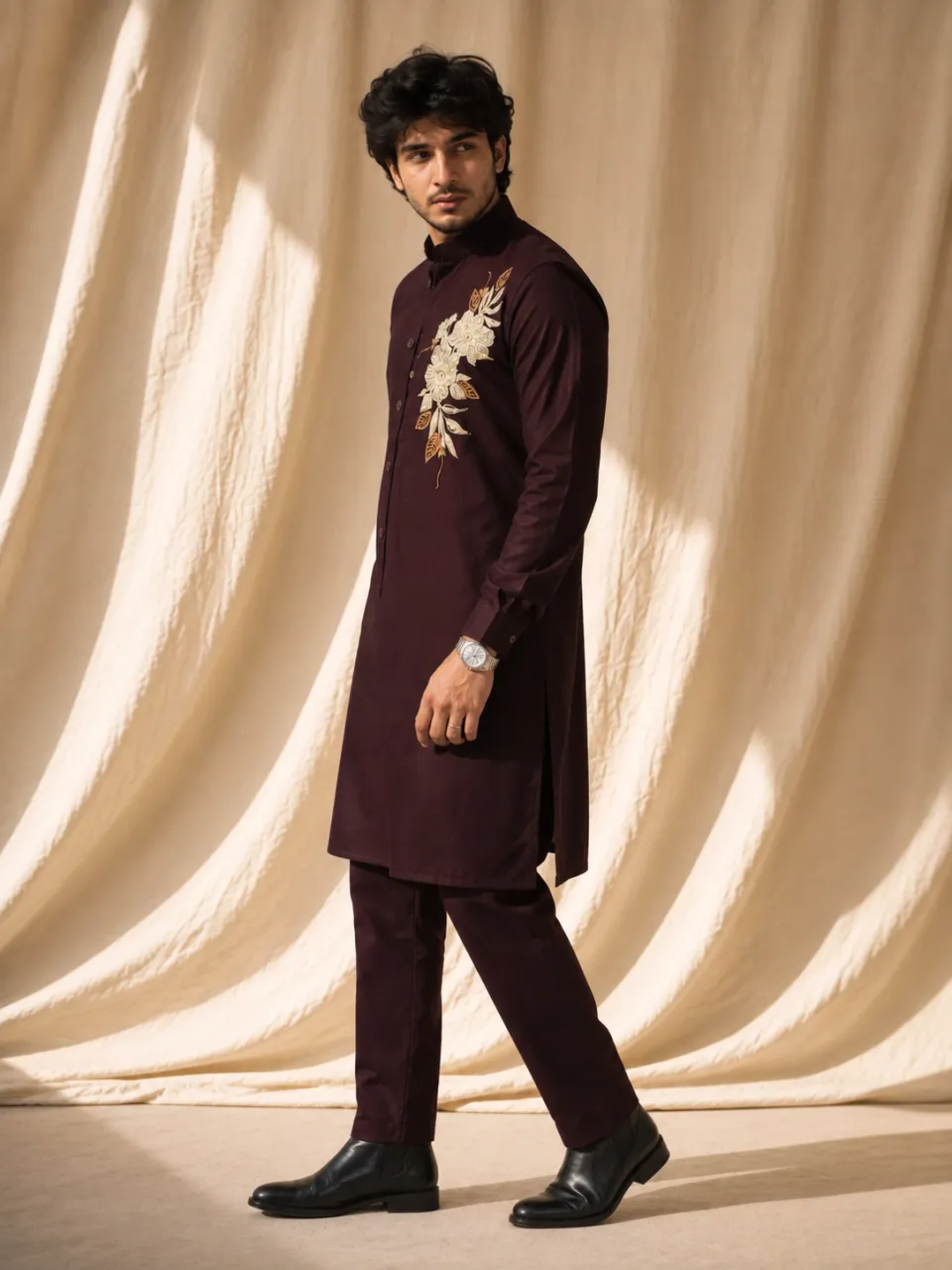 KurtaIvory Gold Embroidered Nehru Jacket Kurta Set