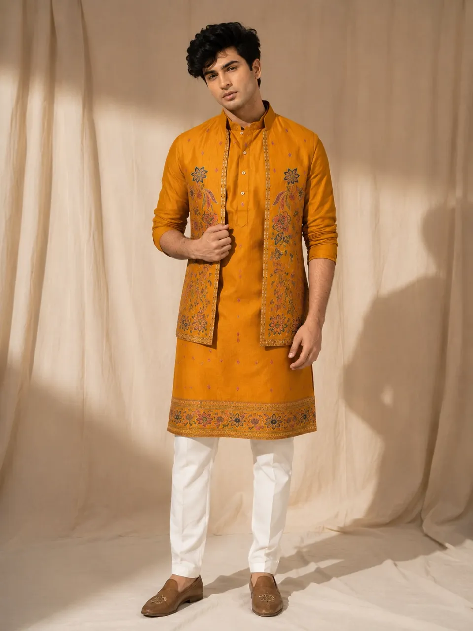 Mustard Yellow Printed/Embroidered Kurta Set with Open Nehru Jacket