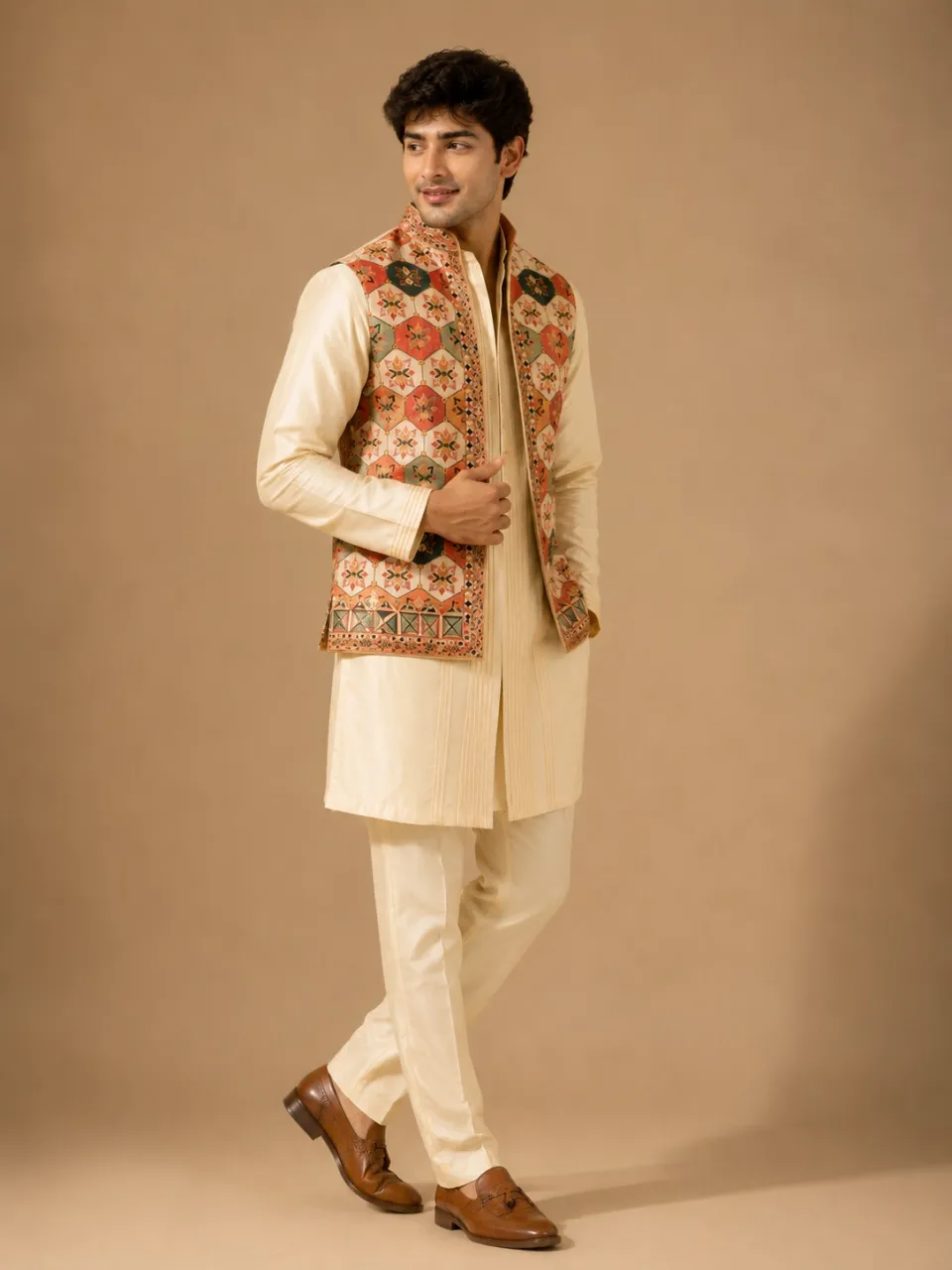Cream Silk Pintuck Kurta Set with Geometric Printed Nehru Jacket